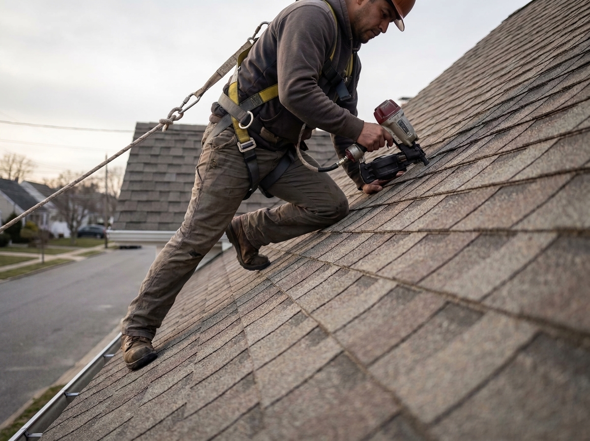 Roofer working on shingles in East Rockaway NY